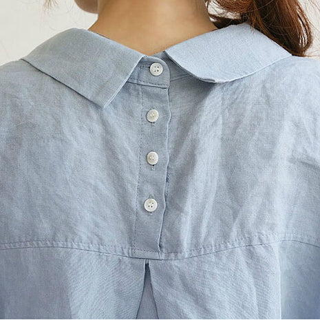 Oversize Cotton Linen Long Shirt Dress with Polo Collar & Pockets