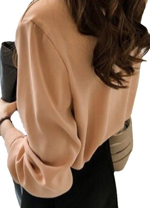 Elegant Korean Style Chiffon Long-Sleeve Blouse Slim-Fit Polyester Top