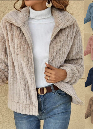 Women's Plush Velvet Cardigan Jacket, European Style Long Sleeve, Fall Winter