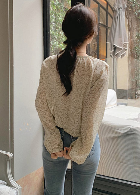 Fashionable Chiffon Autumn Retro Loose Fit Puff Sleeve Floral Women's Shirt Top