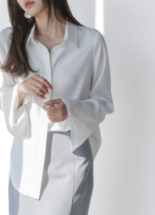 Elegant Chiffon Loose Fit Long Sleeve Cardigan Blouse with Flare Sleeves