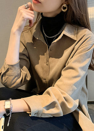 Women's Corduroy Retro Long-Sleeve Button-Up Shirt for Demi-Season Casual Style