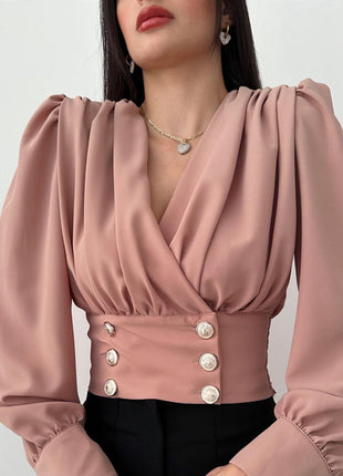 Chic European V-Neck Crop Top Blouse with Puff Long Sleeves & Waist Detail