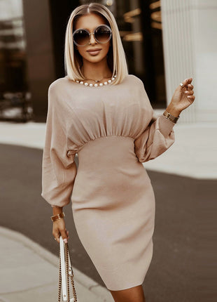 Chic European Style Fitted Knitted Midi Dress, Plus Size, Batwing Sleeve, Round Neck