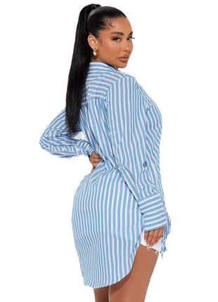 Trendy European Style Loose Striped Long-Sleeve Cardigan Shirt with Pockets