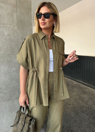 Comfortable Women's European Style Drawstring Short Sleeve Shirt & Long Pants Set
