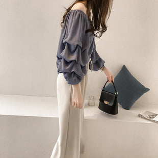 Korean Style Off-Shoulder Chiffon Long-Sleeve Shirt Loose Fit Elegant Top