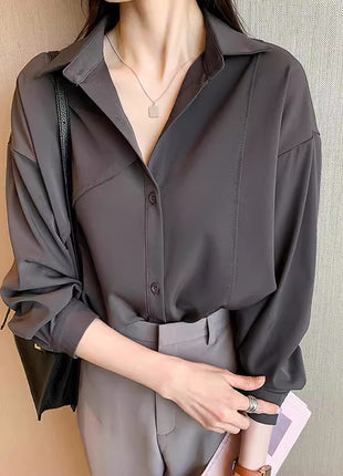 Chic French Style Loose Fit Polyester Shirt Blouse, Casual Long Sleeve Top