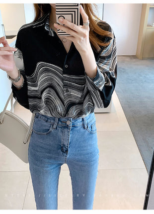 Chic Korean Loose Wave Pattern Long Sleeve Women's Autumn Blouse Top