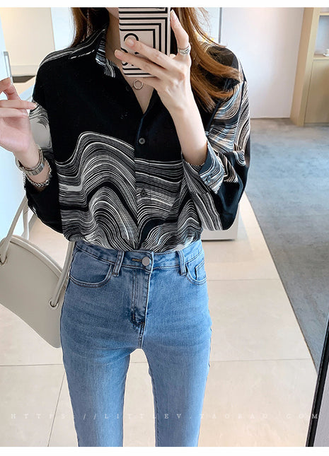 Chic Korean Loose Wave Pattern Long Sleeve Women's Autumn Blouse Top