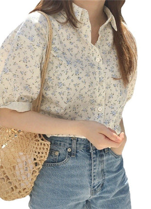 Cute Girls' Floral Print Short Sleeve Summer Shirt - Korean French Style Top