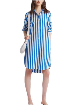 Chic Blue Striped Loose Fit Lapel Long Sleeve Cardigan Shirt Dress