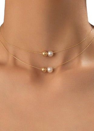 Elegant Minimalist Pearl Necklace with Metal Chain Design, Clavicle Style