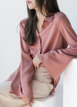 Elegant Chiffon Loose Fit Long Sleeve Cardigan Blouse with Flare Sleeves