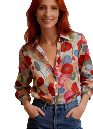 Chic Women's Floral Print Long Sleeve Blouse Top with Lapel Collar