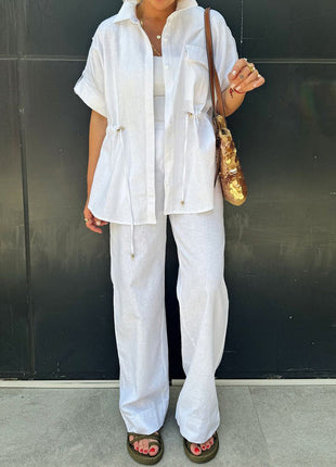 Comfortable Women's European Style Drawstring Short Sleeve Shirt & Long Pants Set