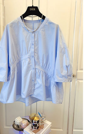 Chic Asymmetrical Pleated Cotton Blend Loose Korean Summer Doll Shirt Top