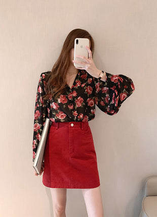Plus Size Loose Fit Floral Shiffon Polo Collar Long-Sleeve Lantern Shirt