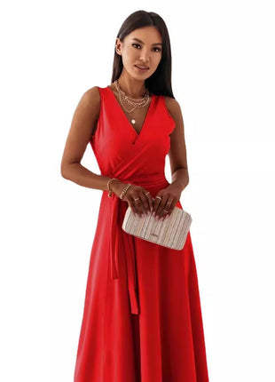 Elegant European V-Neck Long Dress with Tie Waist, Sleeveless, A-Line Skirt