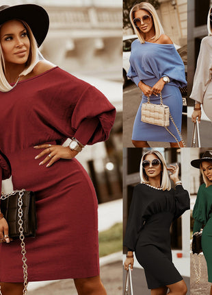 Chic European Style Fitted Knitted Midi Dress, Plus Size, Batwing Sleeve, Round Neck