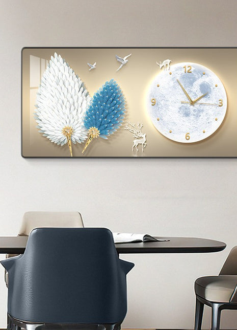 Luxury restaurant wall clock, stylish and silent, feather-themed Auspicious Flying Feathers C 80x40 cm