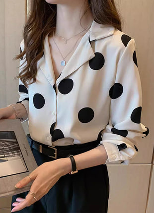 Elegant Polka Dot Shiffon Long-Sleeve Shirt for Women, Retro Spring Style