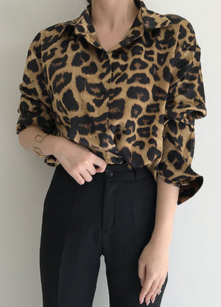 Chic Korean Retro Leopard Print Oversized Long-Sleeve Shirt - Autumn Leisure Style