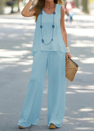 Chic Sleeveless T-Shirt & High Waist Pants Set for Summer Leisure