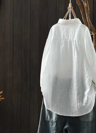 Women's Embroidered Cotton-Linen Long-Sleeve Shirt, High Collar Loose Fit Top