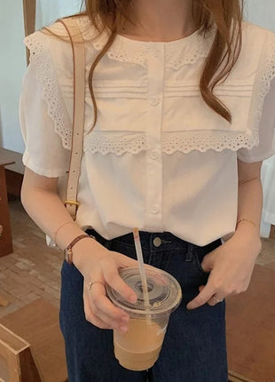 Elegant White Lace Short Sleeve Blouse for Women, Summer Fashion Trend