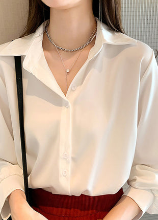 Elegant Women's White Chiffon Long-Sleeve Blouse - Chic Autumn Shirt Top