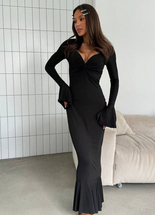 Chic V-Neck Ruffle Long Sleeve Mini Dress Bodysuit for Women - Elegant Summer Style