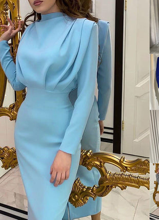 Elegant Women's Long-Sleeve Fitted Waist Casual Midi Dress European Style