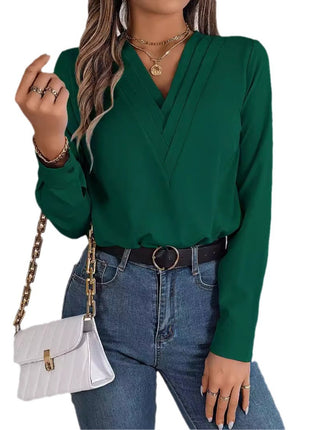Elegant Women's V-Neck Long Sleeve Layered Blouse, Solid Color Stretch Polyester Shirt