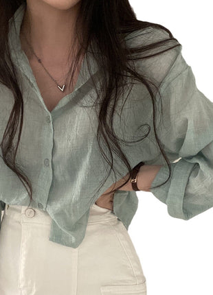 Stylish Solid Color Loose Fit Pleated Long Sleeve Sun Protection Shirt