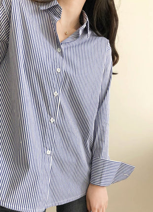 Chic Blue Striped Long-Sleeve Women's Polyester Office Commuter Shirt