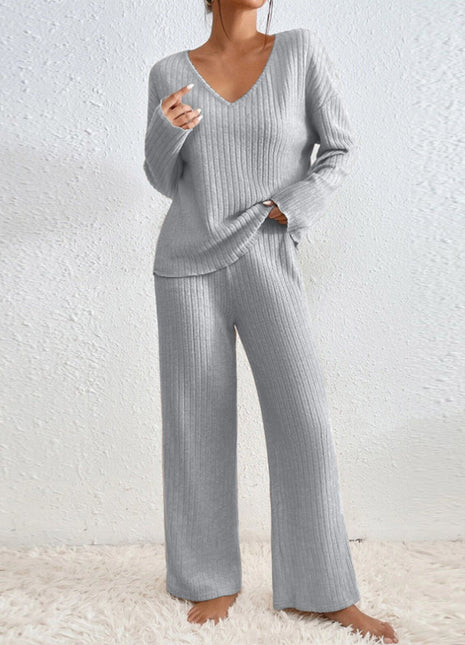 Women's Oversize V-Neck Ribbed Brushed Long-Sleeve Leisure Set for Fall Winter