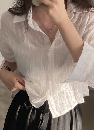 Stylish Solid Color Loose Fit Pleated Long Sleeve Sun Protection Shirt