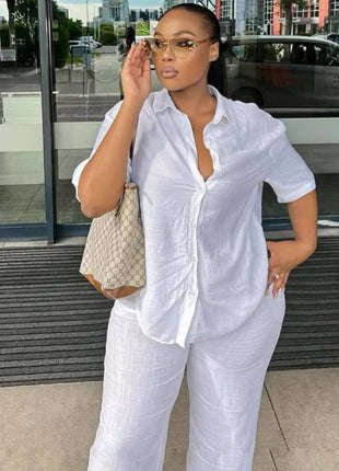 Chic European Style Women's Solid Color Short Sleeve Shirt & Trousers Set