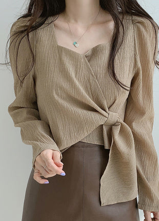 Elegant Square Neck Long Sleeve Blouse with Belt – Chic Autumn Top