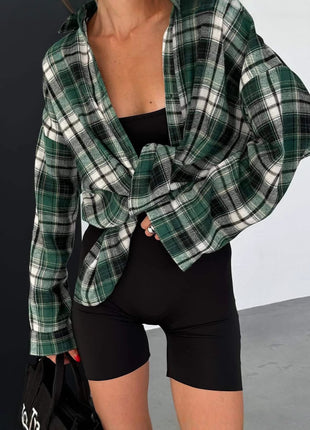 Stylish Retro Plaid Oversized Long-Sleeve Shirt for Autumn European American Style