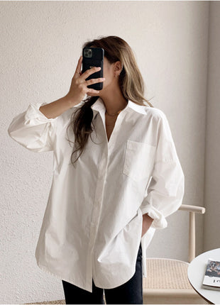 Chic Korean Style White Oversized Long Sleeve Polyester Polo Shirt for Women