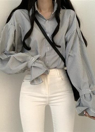 Korean Preppy Loose Fit Striped Lantern Sleeve Blouse Women's Autumn Spring Top