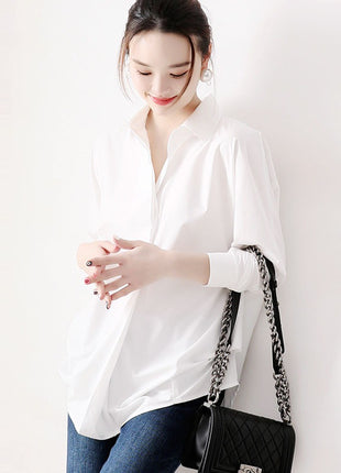 Women's Korean Style Flowy Anti-Wrinkle Long-Sleeve Shirt, Loose Fit Drape Blouse
