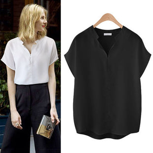 Chic Loose Fit Chiffon Short Sleeve T-Shirt Women's Stand-Up Collar Top