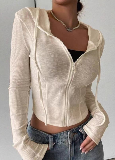 Demi-season Knitted Full-Zip Hoodie Cardigan, Slim Fit European Style for Women