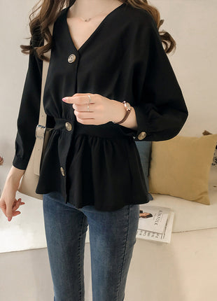 Elegant Korean Style V-Neck Long-Sleeve Shirt - Slim Fit Spring Blouse