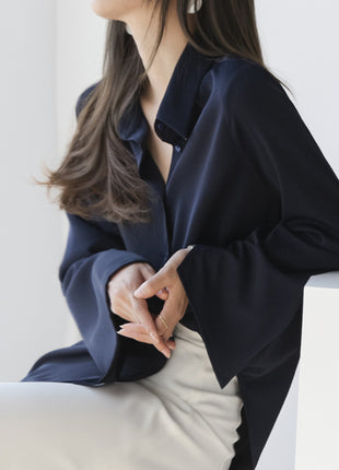 Elegant Chiffon Loose Fit Long Sleeve Cardigan Blouse with Flare Sleeves