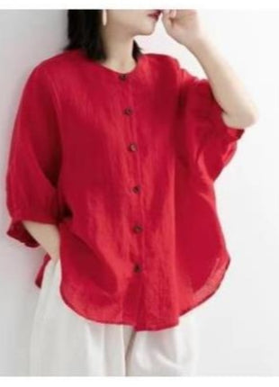 Boho Chic Cotton Linen Lantern Sleeve Blouse - Loose Fit Plus Size Summer Shirt