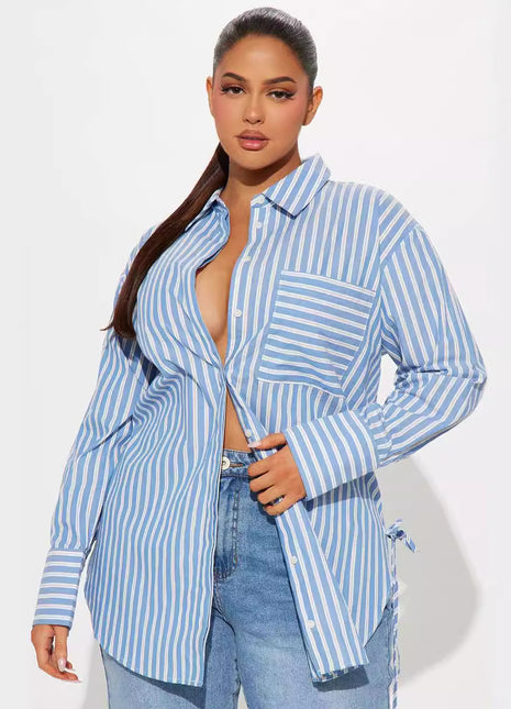 Trendy European Style Loose Striped Long-Sleeve Cardigan Shirt with Pockets